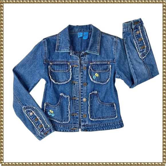 Denim Jacket Embroidered Fringe Floral Medium - Picture 1 of 15